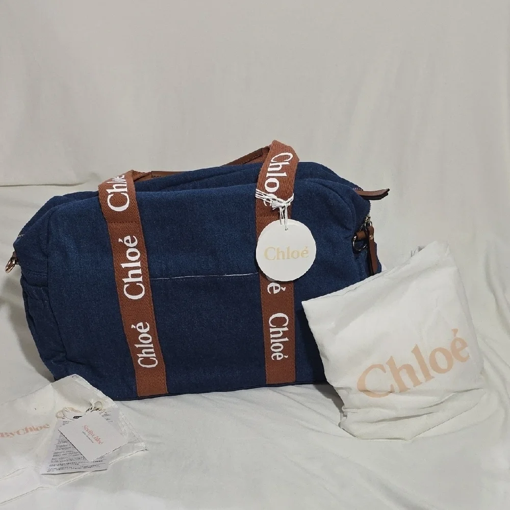 NWT Chloé Denim Blue Logo Baby Changing Diaper Bag Set Authentic